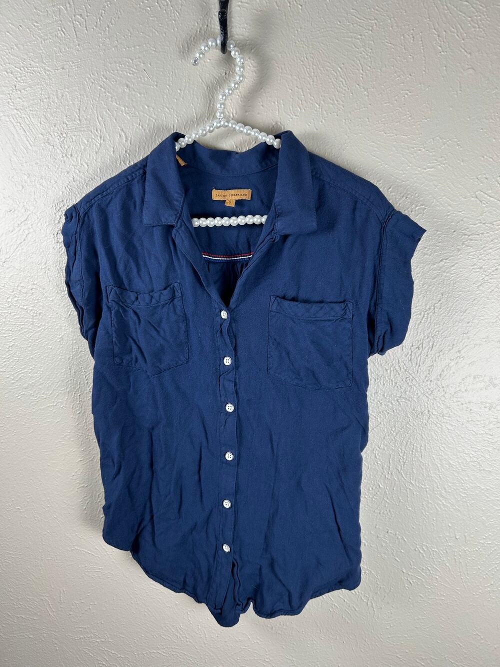 Jachs Girlfriend Blouse Size Small Navy Blue Button Front Stretchy Comfort Shirt